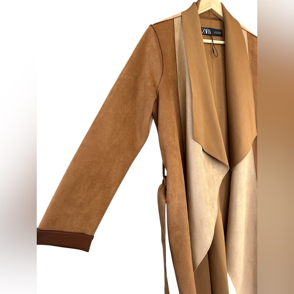 New Zara Faux Suede Two-Tone Belted Waterfall Coat - Picture 6 of 10